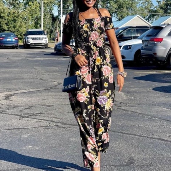 Xhilaration Pants - Xhilaration Black and Pink Off the Shoulder Tie Waist Summer Jumpsuit S NEW